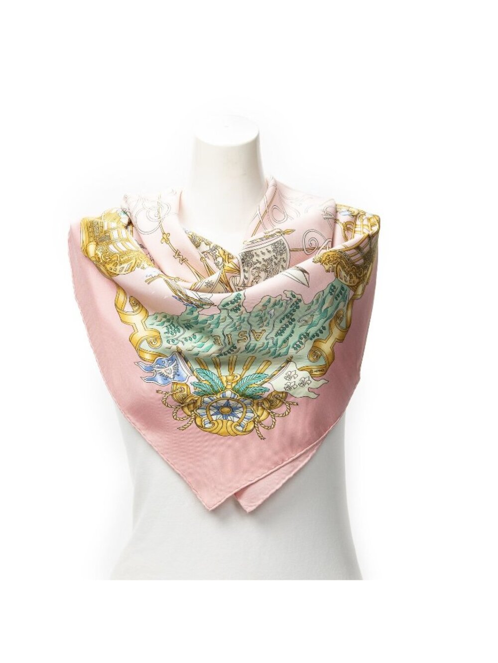 Hermes Scarf Pink Green 100% Twillsilk